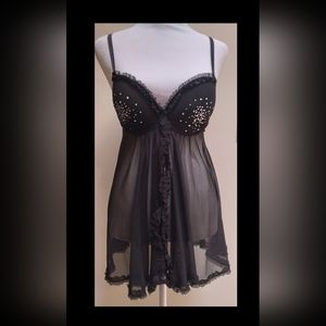 Vintage 🔥Sexy🔥 Black Babydoll/Chemise with Jewels and Ruffles 36C/Large